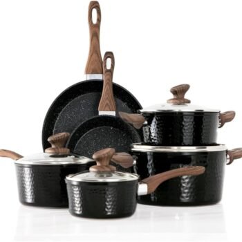 Non-stick 15-piece Black Induction Kitchen Cookware Set with Healthy Hammered Cooking