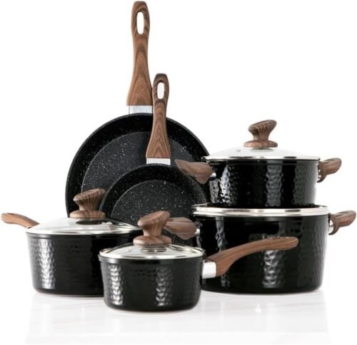 Non-stick 15-piece Black Induction Kitchen Cookware Set with Healthy Hammered Cooking